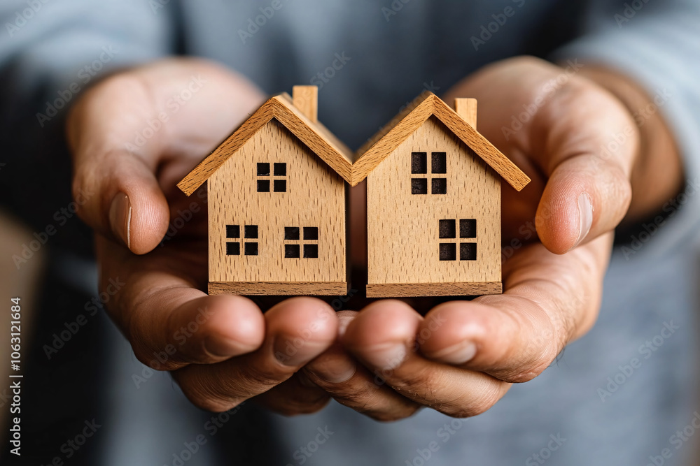 A person is holding two wooden houses in their hands A person is holding two wooden houses in their hands