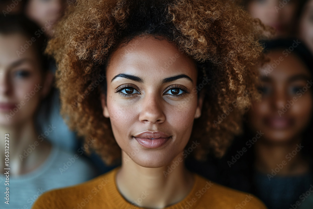 A woman with curly hair is smiling at the camera A woman with curly hair is smiling at the camera