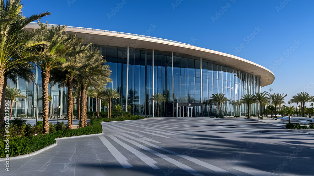 Modern building with large glass facade surrounded by palm trees and a landscaped area. AI Image Modern building with large glass facade surrounded by palm trees and a landscaped area. AI Image