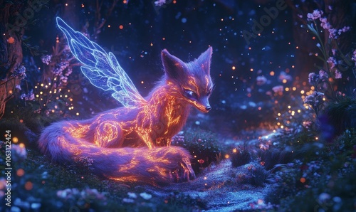 A glowing fox with wings in a forest.