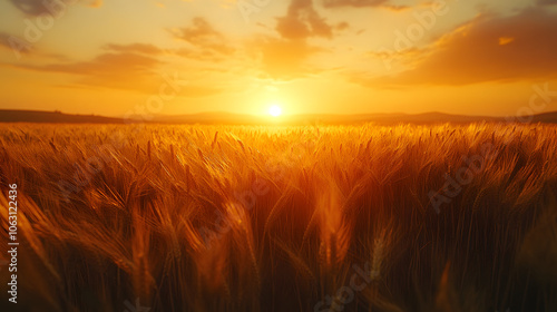 A Golden Sunset Casting Warm Light Over Vast Wheat Fields, with Silhouetted Farm Buildings in the Distance 