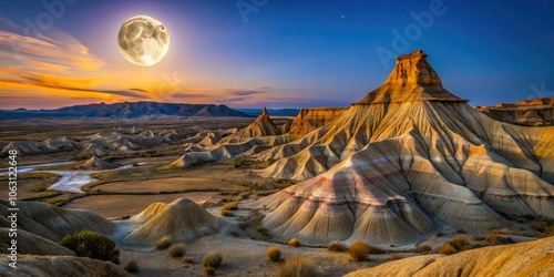 Moonset over Bardenas showcases breathtaking architectural photography, capturing the beauty of natural landscapes at dusk in stunning detail and vibrant colors. A visual masterpiece. photo