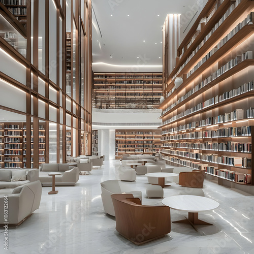 Modern library interior with sleek design, bookshelves, and comfortable seating areas. AI Image