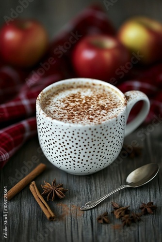 A cup of hot Chai Latte, Chai Tea, topped with a light dusting of cinnamon and nutmeg, 