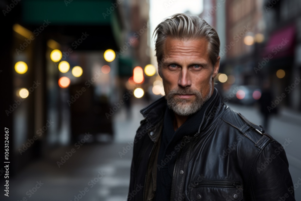 Portrait of a handsome middle-aged man in a black leather jacket on a city street. Portrait of a handsome middle-aged man in a black leather jacket on a city street.