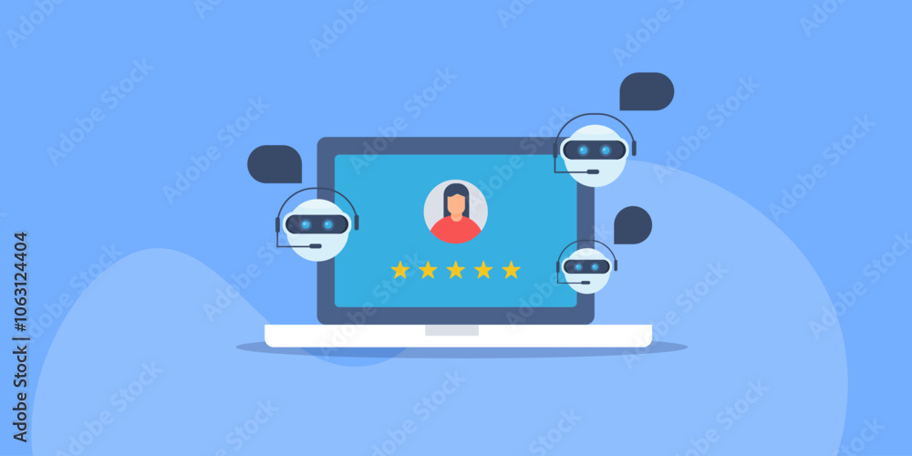 Multi agent Chabot for customer service and 5-star rating user experience, artificial intelligence technology business solution vector illustration concept. Multi agent Chabot for customer service and 5-star rating user experience, artificial intelligence technology business solution vector illustration concept.