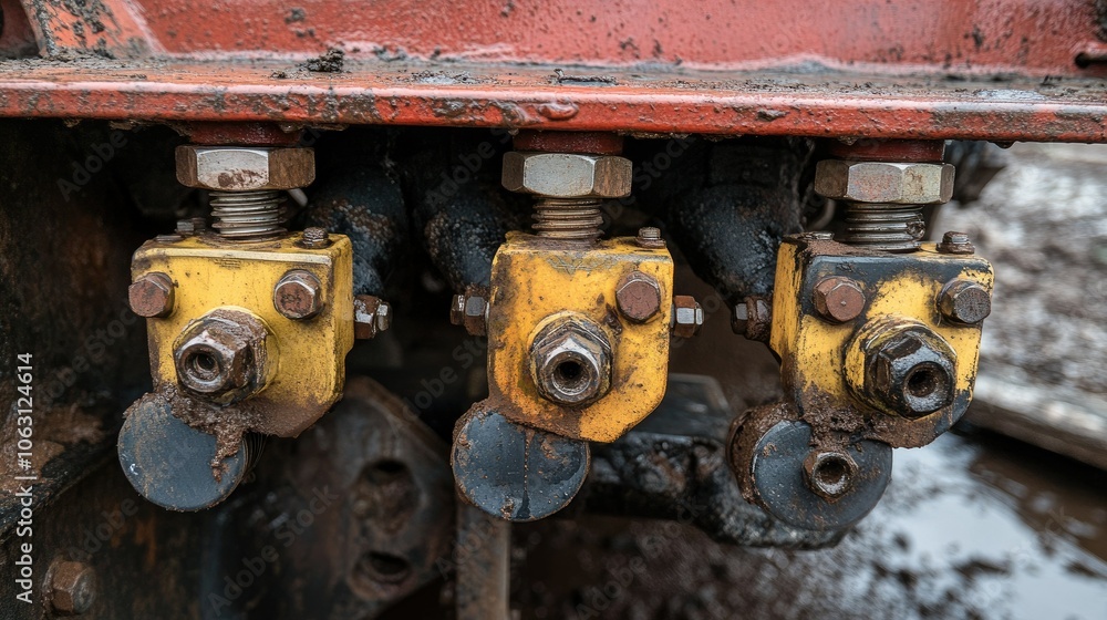 Complex hydraulic pipe system on agricultural machinery, with connectors and bolts visible. Complex hydraulic pipe system on agricultural machinery, with connectors and bolts visible.