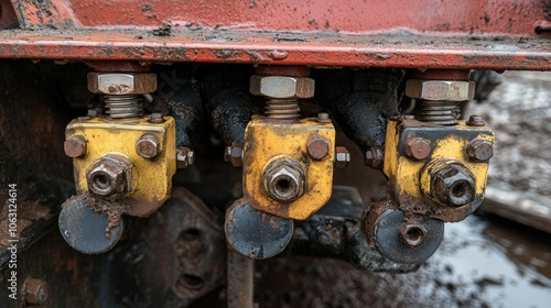 Complex hydraulic pipe system on agricultural machinery, with connectors and bolts visible.