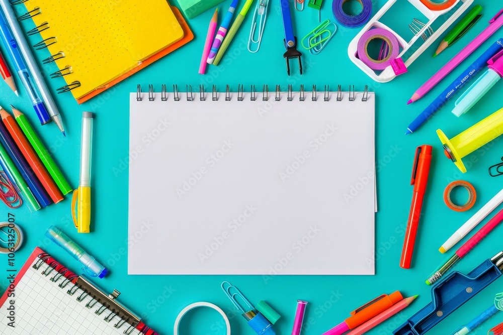 Colorful School Supplies Background with Notebook Colorful School Supplies Background with Notebook