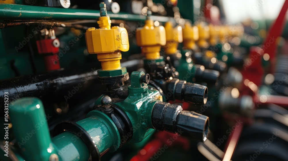 Detailed view of hydraulic piping and valve systems on a piece of farming equipment. Detailed view of hydraulic piping and valve systems on a piece of farming equipment.