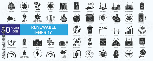 Renewable energy icon set with sunlight, wind, water, biofuel, oil, biogass, biodiesel, hydropower, climate and solar panel