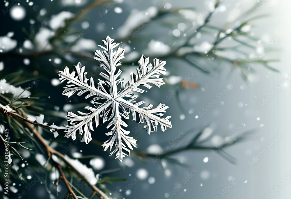 Delicate snowflake gracefully falling amidst winter greenery in a serene landscape Delicate snowflake gracefully falling amidst winter greenery in a serene landscape