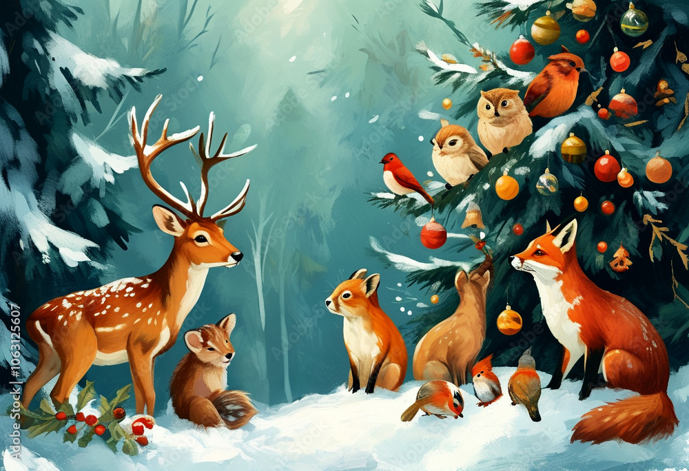 Fototapeta premium Magical winter gathering of woodland animals around a festive Christmas tree