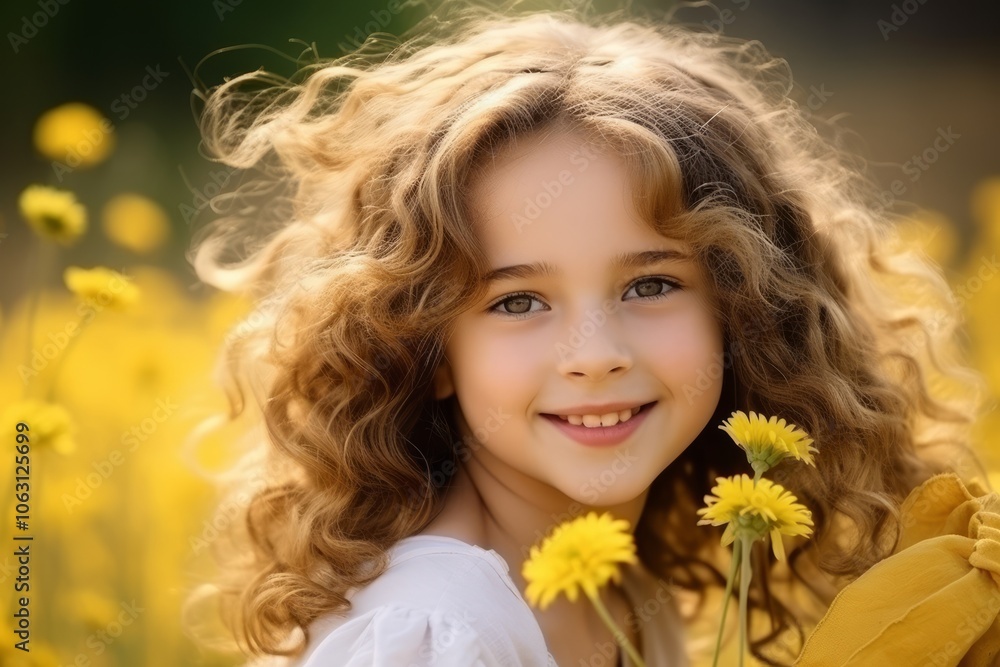 Portrait of a beautiful little girl with dandelions in the field Portrait of a beautiful little girl with dandelions in the field