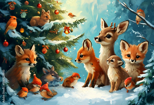 Fototapeta Naklejka Na Ścianę i Meble -  Charming winter woodland gathering of animals by a decorated Christmas tree