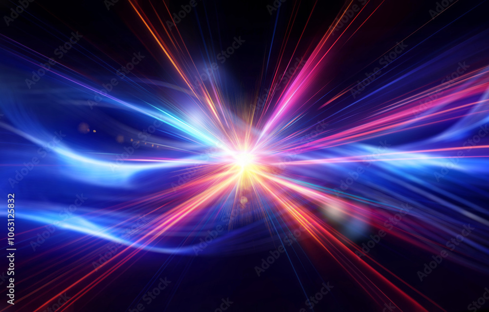 A bright, white light explodes from the center of the image, surrounded by swirling streaks of red, blue, and orange. A bright, white light explodes from the center of the image, surrounded by swirling streaks of red, blue, and orange.