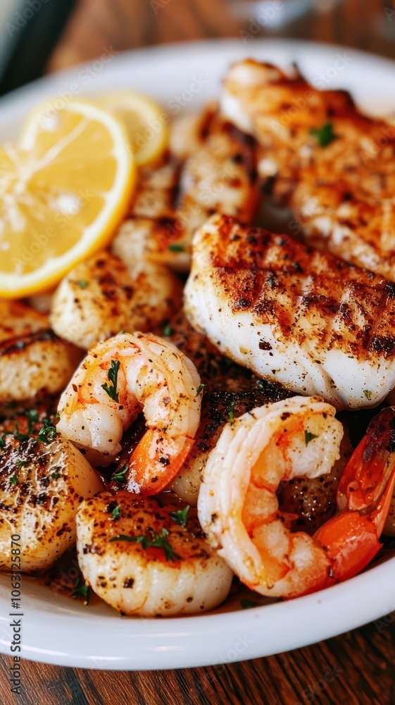 Delicious grilled seafood platter featuring shrimp, scallops, and fish, beautifully garnished with fresh lemon. Delicious grilled seafood platter featuring shrimp, scallops, and fish, beautifully garnished with fresh lemon.