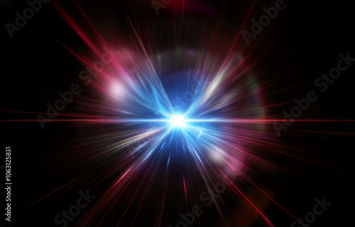 A bright white star explodes outward with streaks of red, blue, and white light against a black background.