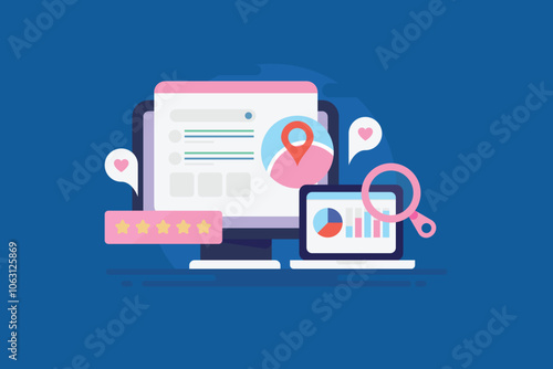 Data analytics strategy and content marketing metrics determine search engine ranking for local business SEO optimization, conceptual vector illustration background.