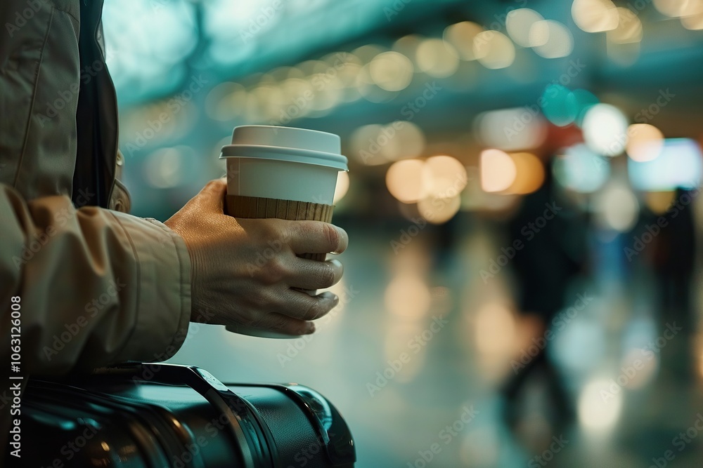 Traveler holding coffee cup with luggage in busy airport terminal Traveler holding coffee cup with luggage in busy airport terminal