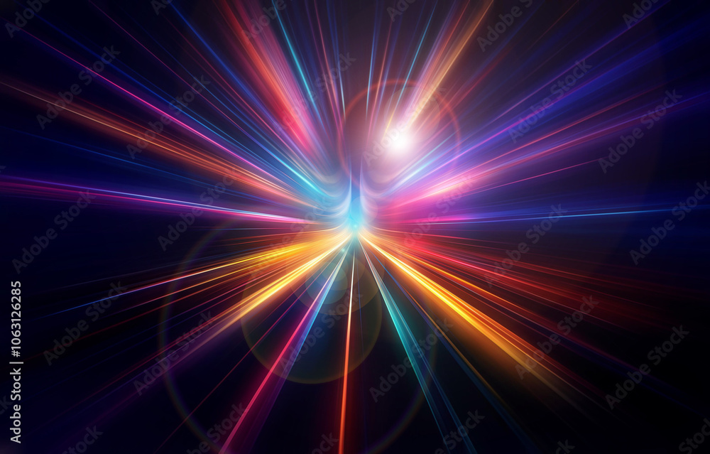 A burst of colorful light rays emanating from a central point against a dark background. A burst of colorful light rays emanating from a central point against a dark background.