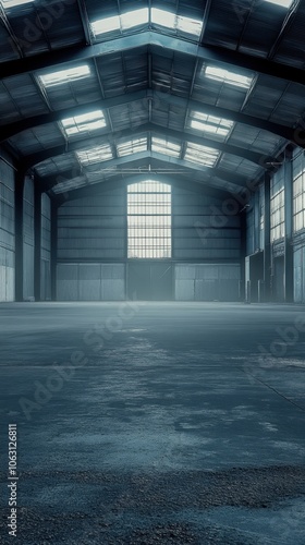 Foggy Empty Warehouse with Skylights 