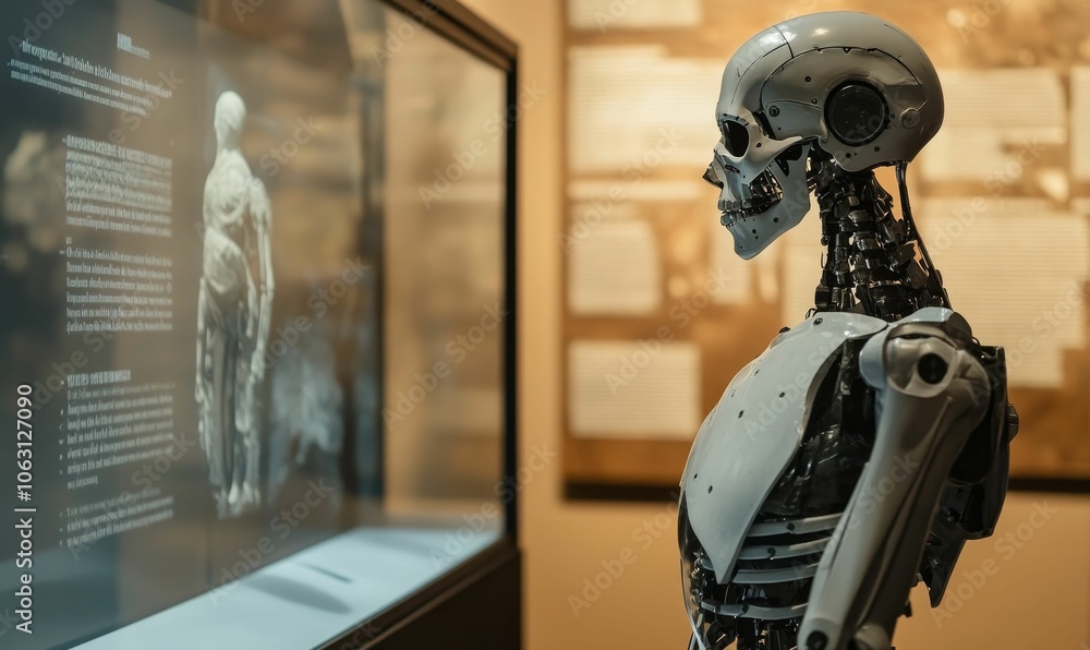 A robotic skull on display in a museum. A robotic skull on display in a museum.