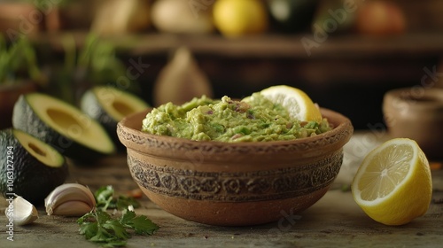 Guacamole in a clay bowl, surrounded by ingredients like lemon, garlic, and avocado halves.