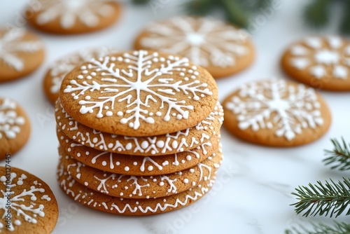 Delicious Gingerbread Cookies Decorated with Snowflakes on a Marble Table: A Festive Christmas Treat