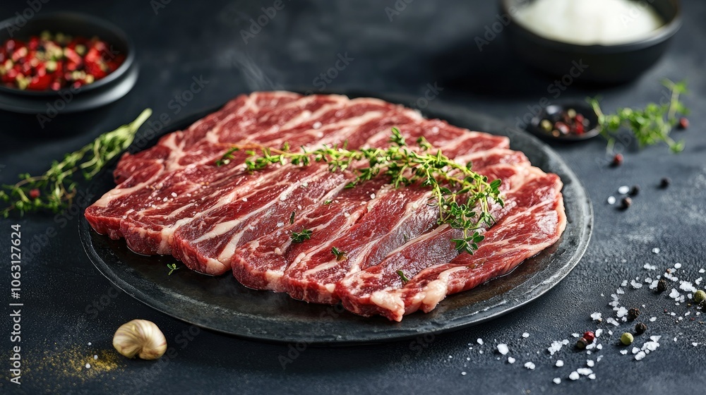 High-quality beef slices with snowy marbling, on a hot pot platter, garnished and ready to cook. High-quality beef slices with snowy marbling, on a hot pot platter, garnished and ready to cook.