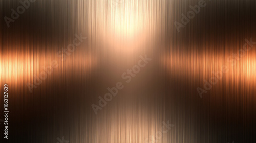 Vertical brushed metal texture with central warm light glow in copper tones. Minimal texture background for design. Stylish copy space