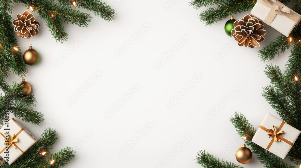 Christmas frame on a white background Fir branches with Christmas decorations and gifts Christmas frame on a white background Fir branches with Christmas decorations and gifts