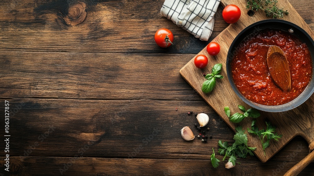 Homemade tomato sauce pan on wooden board, rich red sauce against rustic brown Homemade tomato sauce pan on wooden board, rich red sauce against rustic brown