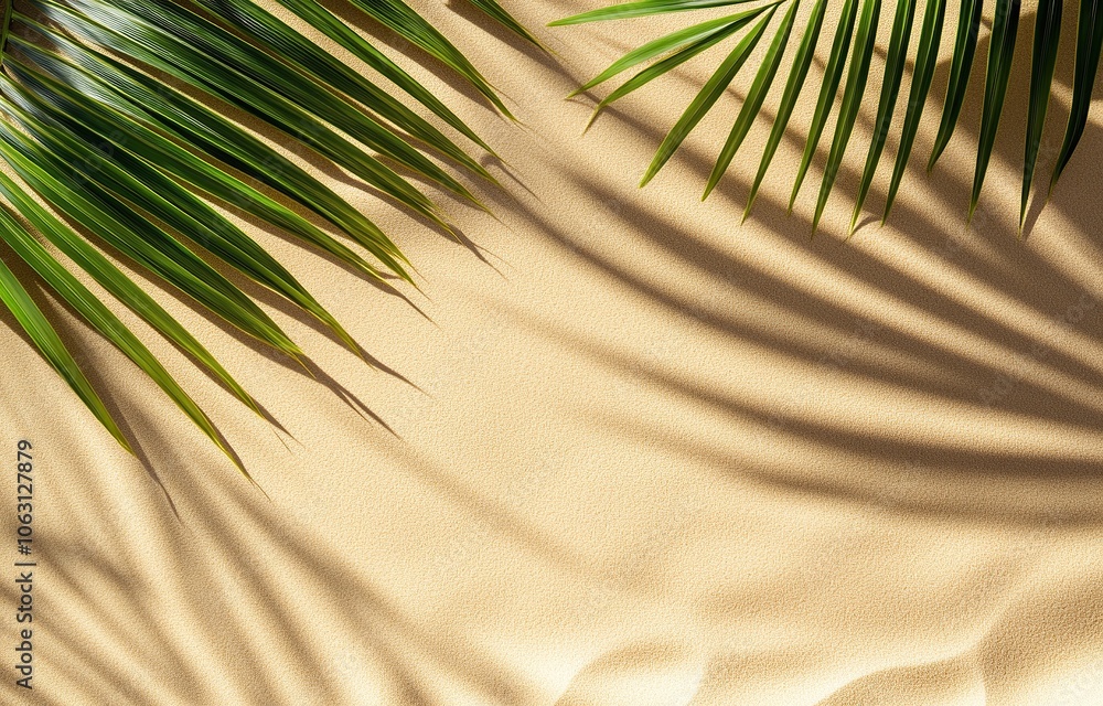 Palm leaves cast shadows on a sandy beach. Palm leaves cast shadows on a sandy beach.