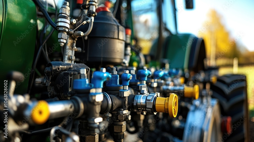 Hydraulic valve and pipe system of a tractor, showing engineering details in an agricultural setting. Hydraulic valve and pipe system of a tractor, showing engineering details in an agricultural setting.