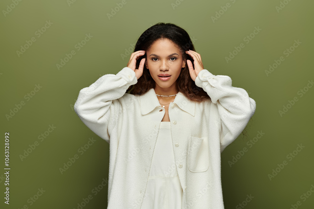 A young woman thoughtfully adjusts her hair while dressed in a stylish cream outfit. A young woman thoughtfully adjusts her hair while dressed in a stylish cream outfit.