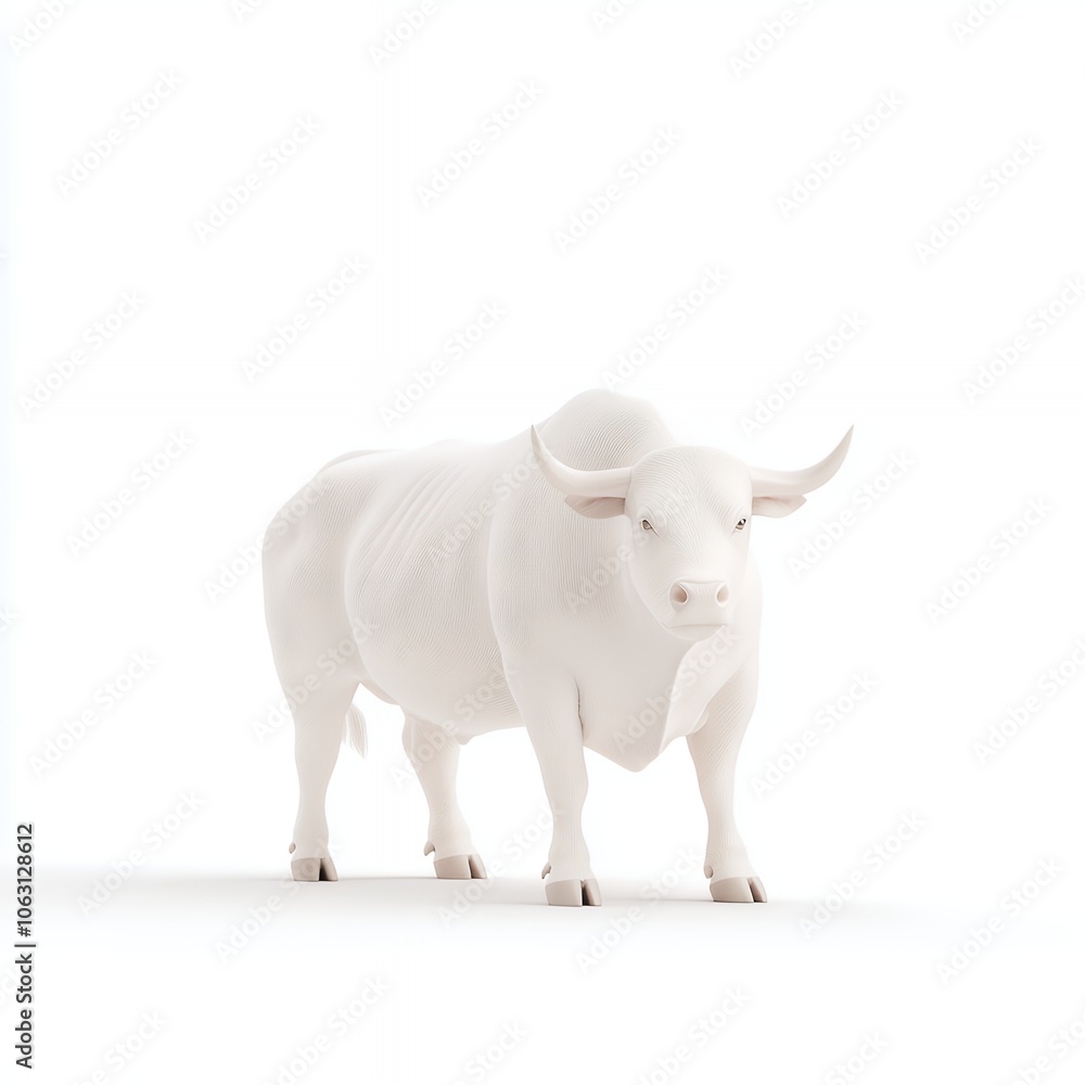 Fototapeta premium A minimalistic white bull sculpture stands against a plain background, offering copy space for text