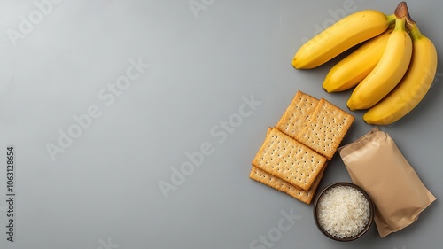 Closeup of a package of bland foods like crackers, rice, and bananas, suitable for sensitive stomachs, Bland foods for stomach relief, Soothing and practical photo