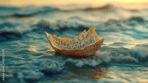 A serene paper boat crafted from sheet music floats gently on ocean waves at sunset, carrying melodies across the water\'s embrace photo