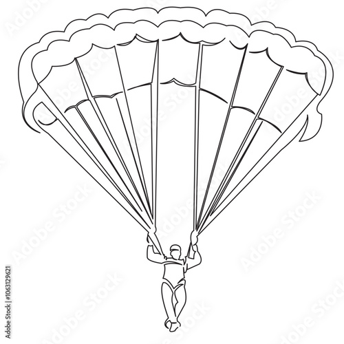 One continuous single drawing line art doodle parachute, parachutist, sport, jump, parachuting, sky. Isolated flat illustration hand draw contour on a white background
