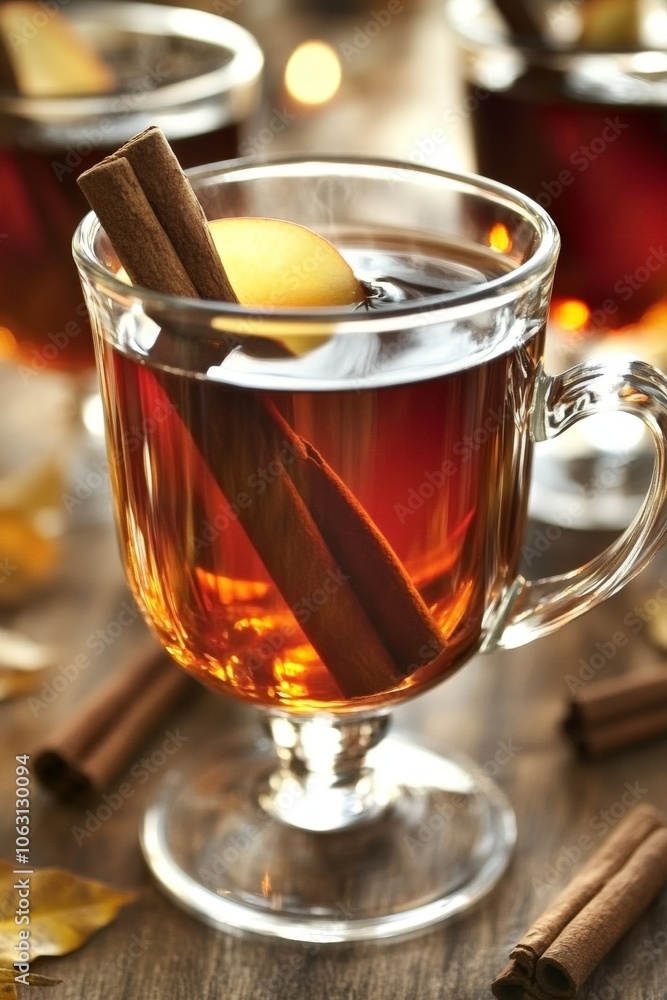 Hot Apple Cider: A glass mug of hot spiced apple cider drink with apple slices, and cinnamon sticks. Hot Apple Cider: A glass mug of hot spiced apple cider drink with apple slices, and cinnamon sticks.
