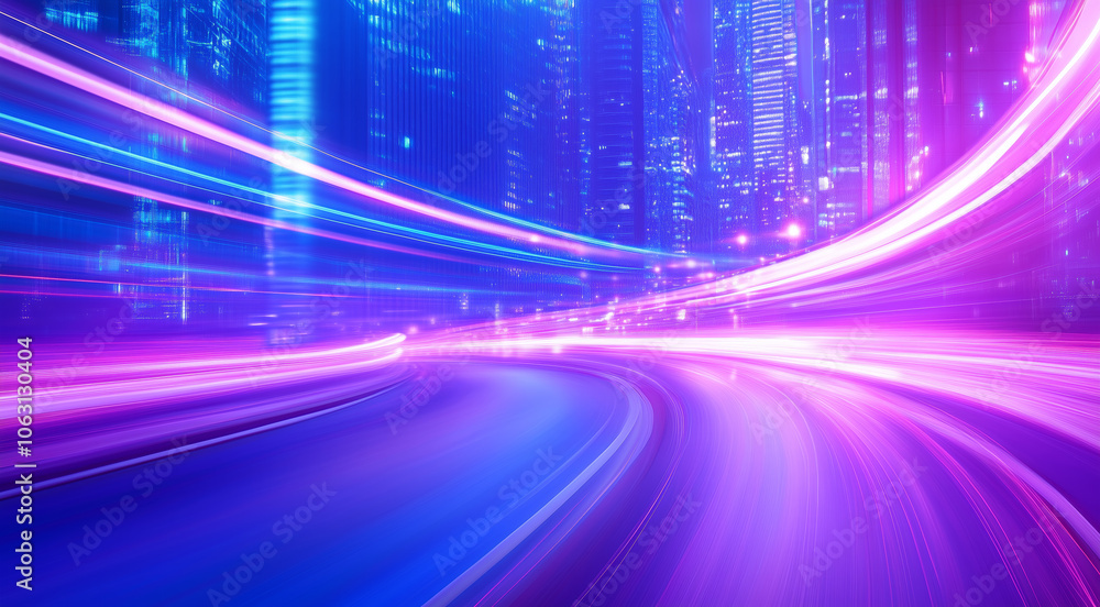 Night cityscape with light trails creating a sense of motion along a winding road Night cityscape with light trails creating a sense of motion along a winding road