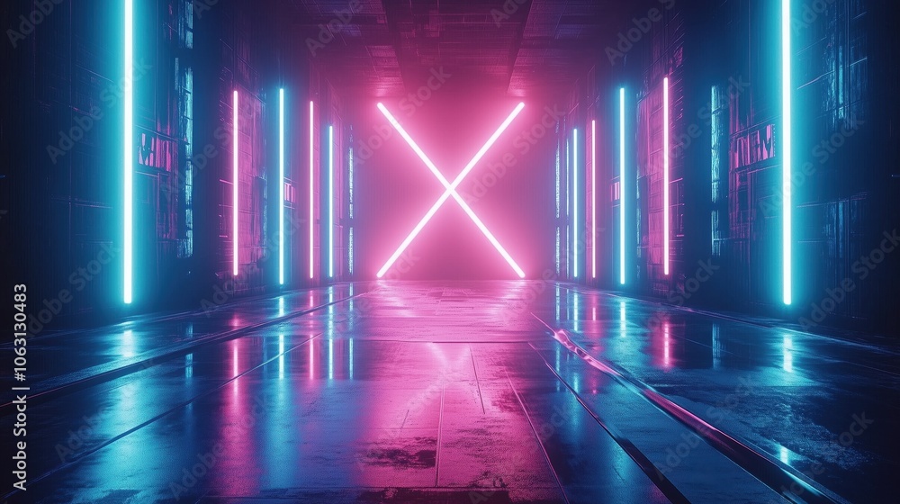 A futuristic corridor illuminated with neon pink and blue lights and a glowing X A futuristic corridor illuminated with neon pink and blue lights and a glowing X