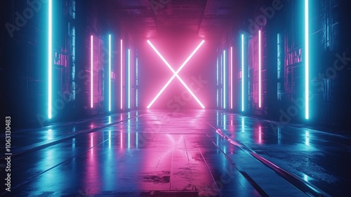 A futuristic corridor illuminated with neon pink and blue lights and a glowing X