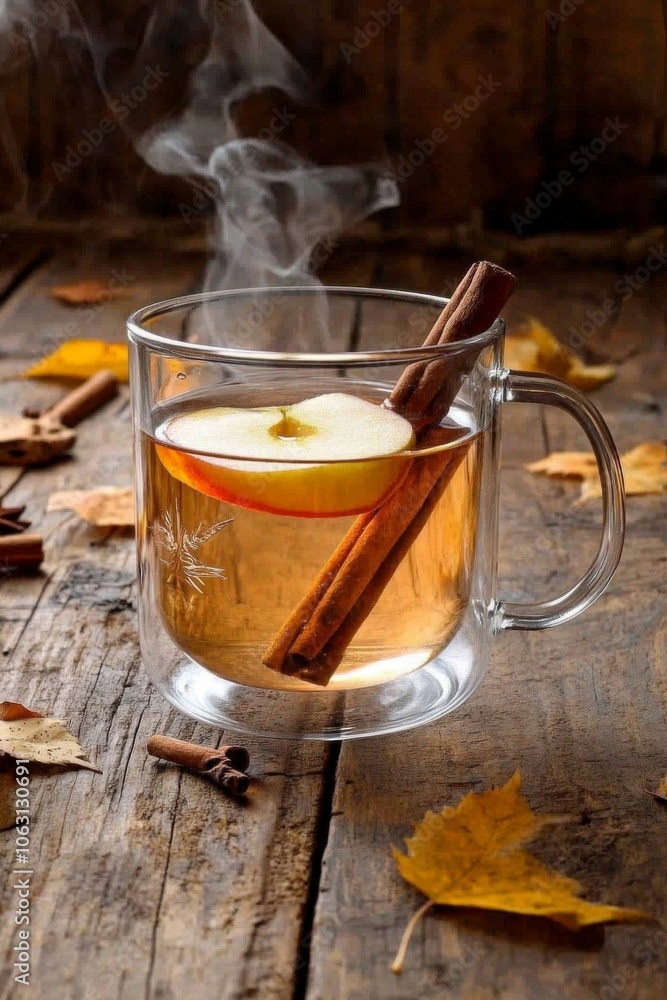 Hot Apple Cider: A glass mug of hot spiced apple cider drink with apple slices, and cinnamon sticks. Hot Apple Cider: A glass mug of hot spiced apple cider drink with apple slices, and cinnamon sticks.