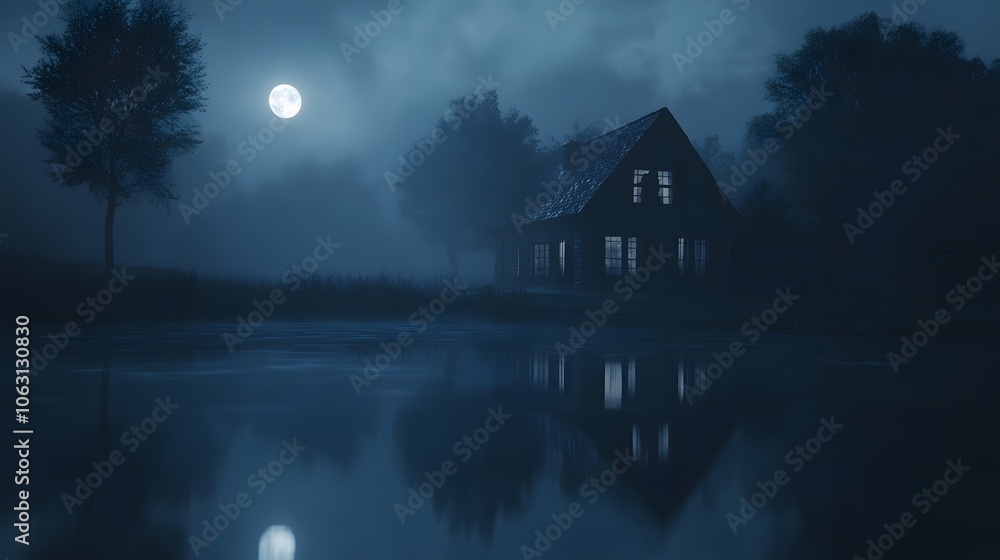 Fototapeta premium A Cabin with Lights on in a Foggy, Moonlit Forest