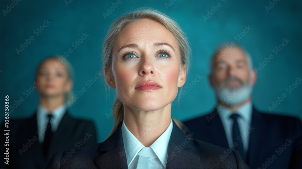 A confident professional team poses against a solid blue background at a business event A confident professional team poses against a solid blue background at a business event