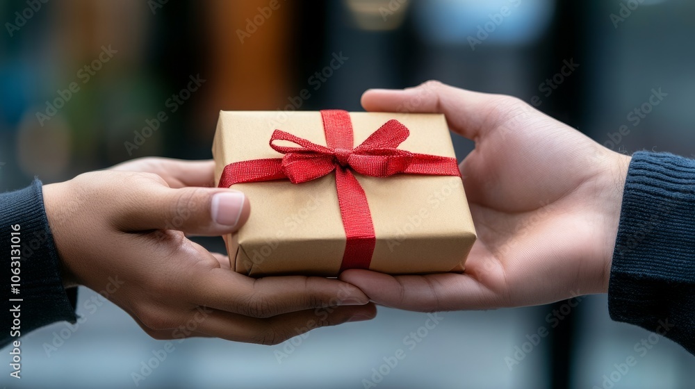 A close-up of two hands exchanging a gift wrapped in brown paper with a bright red ribbon. A close-up of two hands exchanging a gift wrapped in brown paper with a bright red ribbon.