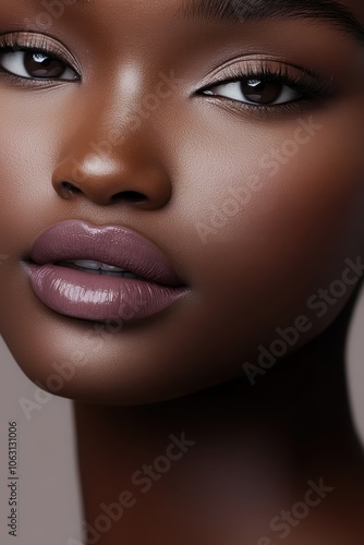 Woman with glossy lips and soft gaze 