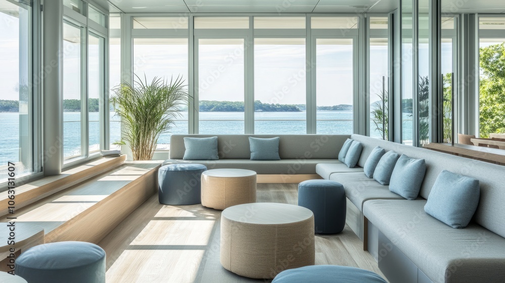 Team lounge area with panoramic sea views, modern couches, and a soft color palette that complements the blue horizon Team lounge area with panoramic sea views, modern couches, and a soft color palette that complements the blue horizon